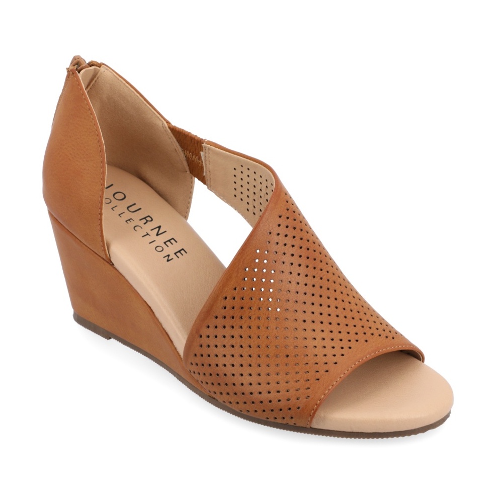 Journee Aretha Cognac Size 7.5 Faux Leather Peep Toe 3" Wedge Heels